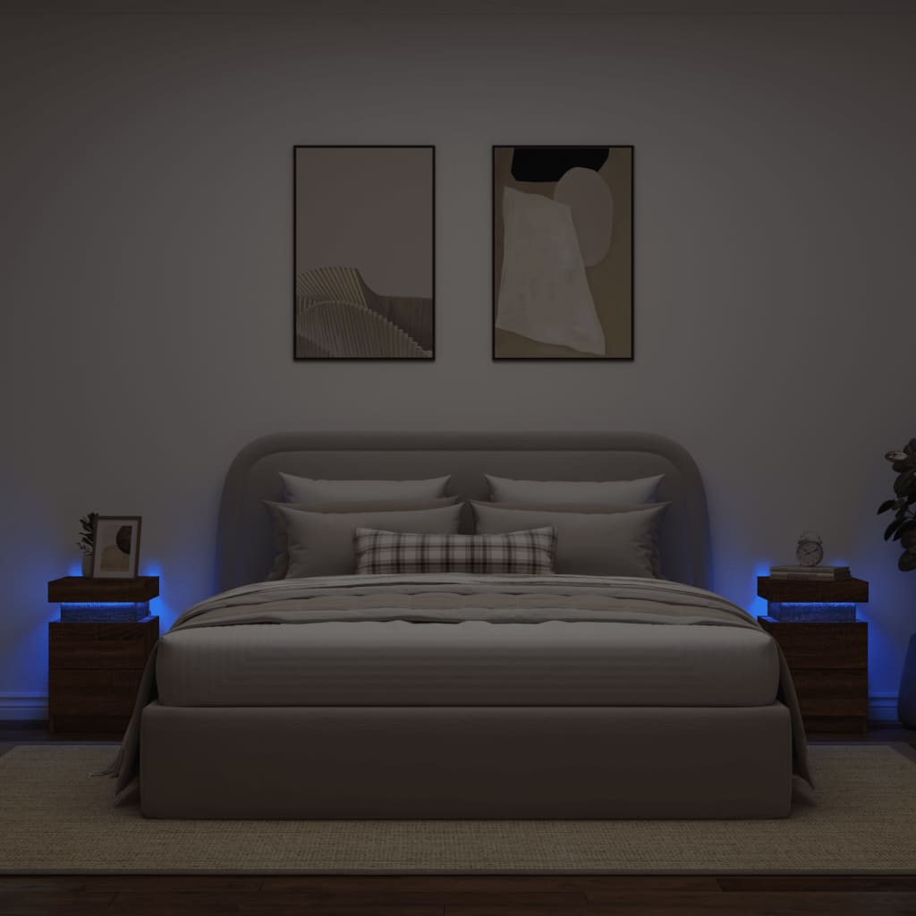 vidaXL Noptiere cu lumini LED, 2 buc., stejar maro, 35x39x55 cm