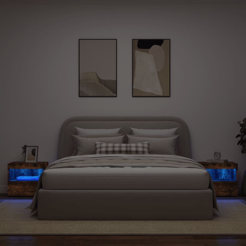 vidaXL Noptiere cu lumini LED, 2 buc., stejar fumuriu, 50x40x45 cm vidaXL Noptiere cu lumini LED, 2 buc., stejar fumuriu, 50x40x45 cm