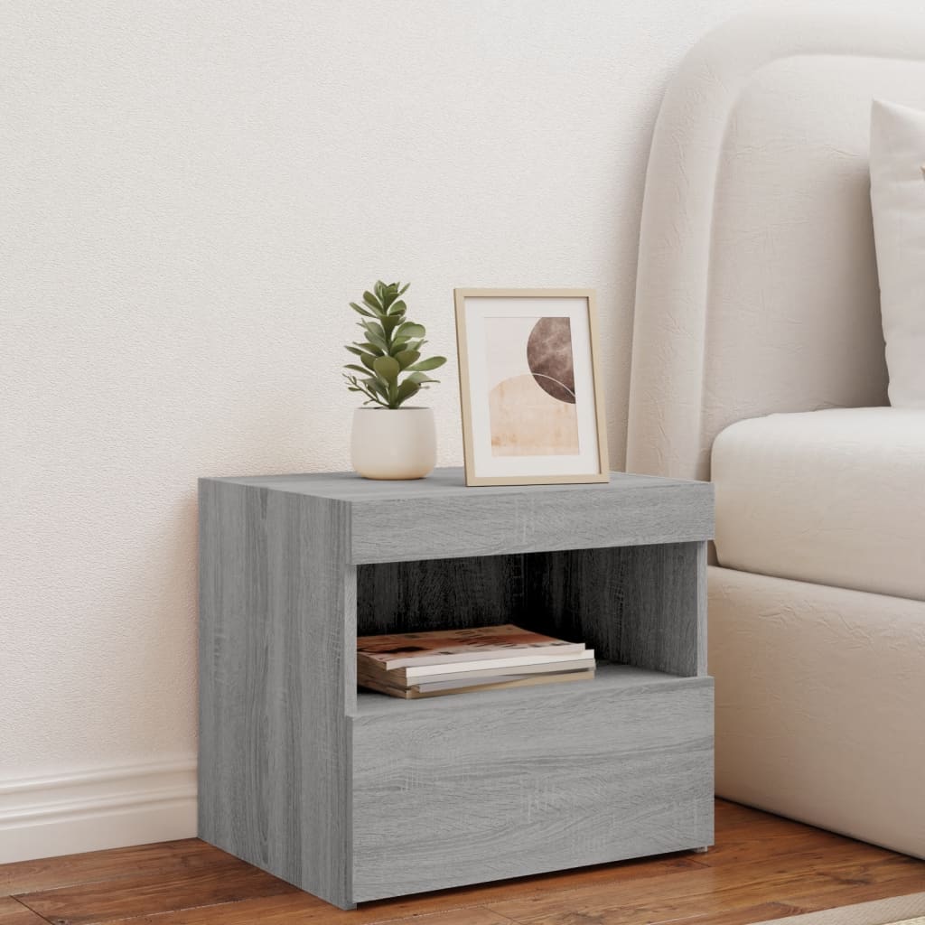 vidaXL Noptieră cu lumini LED, gri sonoma, 50x40x45 cm vidaXL Noptieră cu lumini LED, gri sonoma, 50x40x45 cm