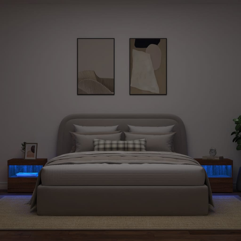vidaXL Noptiere cu lumini LED, 2 buc., stejar maro, 50x40x45 cm vidaXL Noptiere cu lumini LED, 2 buc., stejar maro, 50x40x45 cm