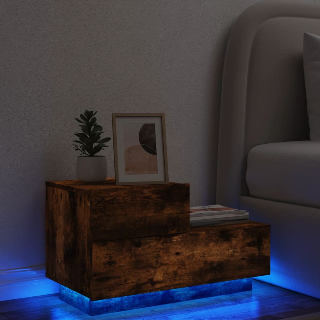 vidaXL Noptieră cu lumini LED, stejar fumuriu, 70x36x40,5 cm vidaXL Noptieră cu lumini LED, stejar fumuriu, 70x36x40,5 cm