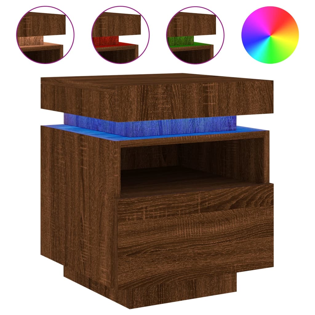 vidaXL Noptieră cu lumini LED, stejar maro, 40x39x48,5 cm vidaXL Noptieră cu lumini LED, stejar maro, 40x39x48,5 cm