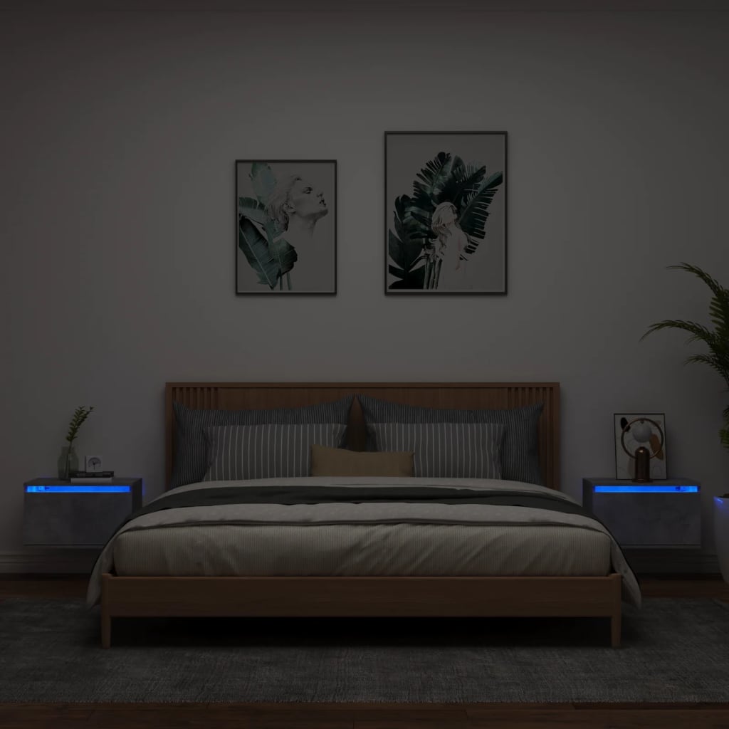 vidaXL Noptiere montate pe perete cu lumini LED, 2 buc., gri beton vidaXL Noptiere montate pe perete cu lumini LED, 2 buc., gri beton