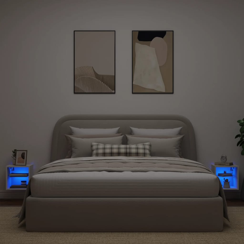 vidaXL Comode TV de perete cu lumini LED, 2 buc., alb, 30x28,5x30 cm