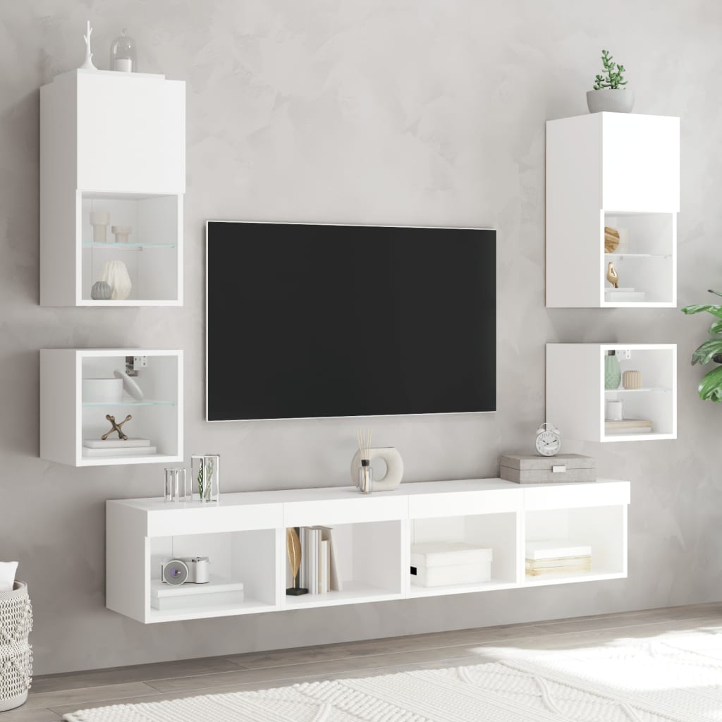vidaXL Comode TV de perete cu lumini LED, 2 buc., alb, 30x28,5x30 cm