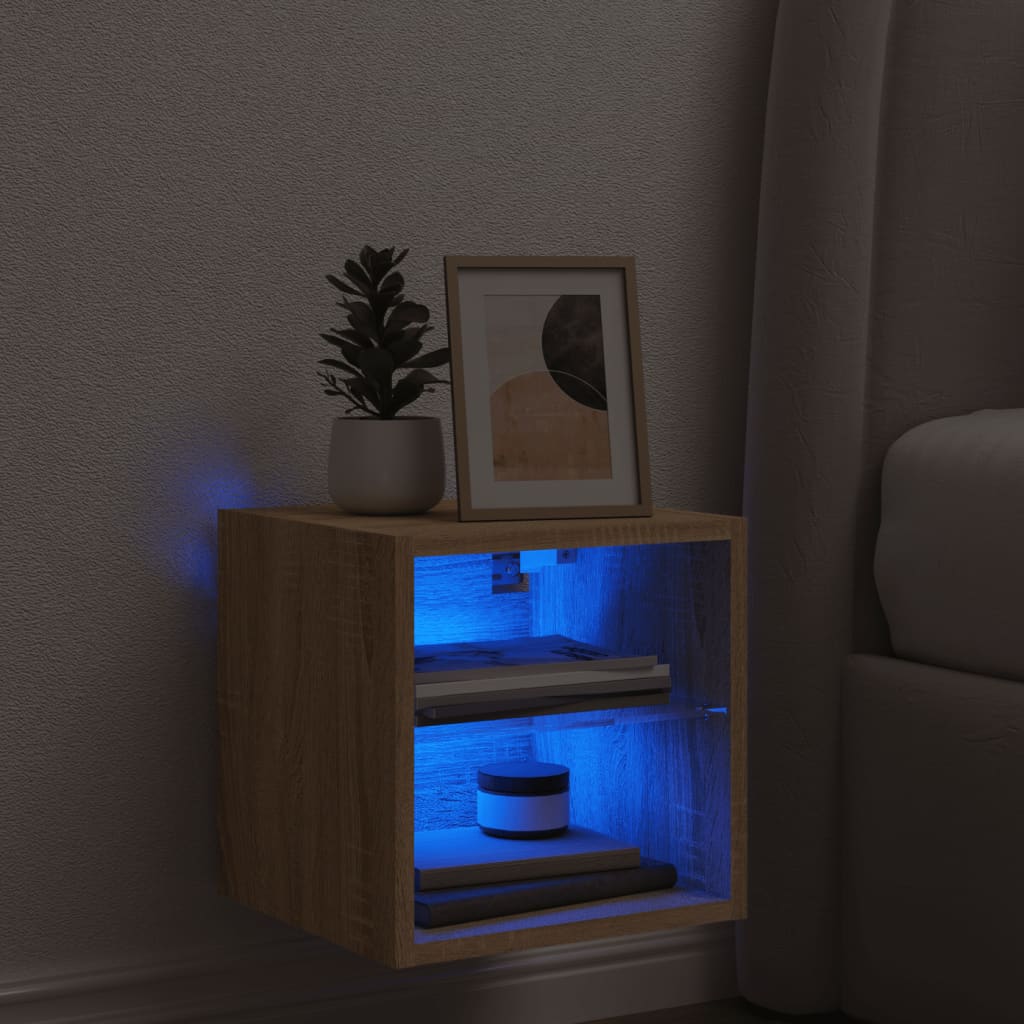 vidaXL Comodă TV de perete cu lumini LED, stejar sonoma 30x28,5x30 cm vidaXL Comodă TV de perete cu lumini LED, stejar sonoma 30x28,5x30 cm