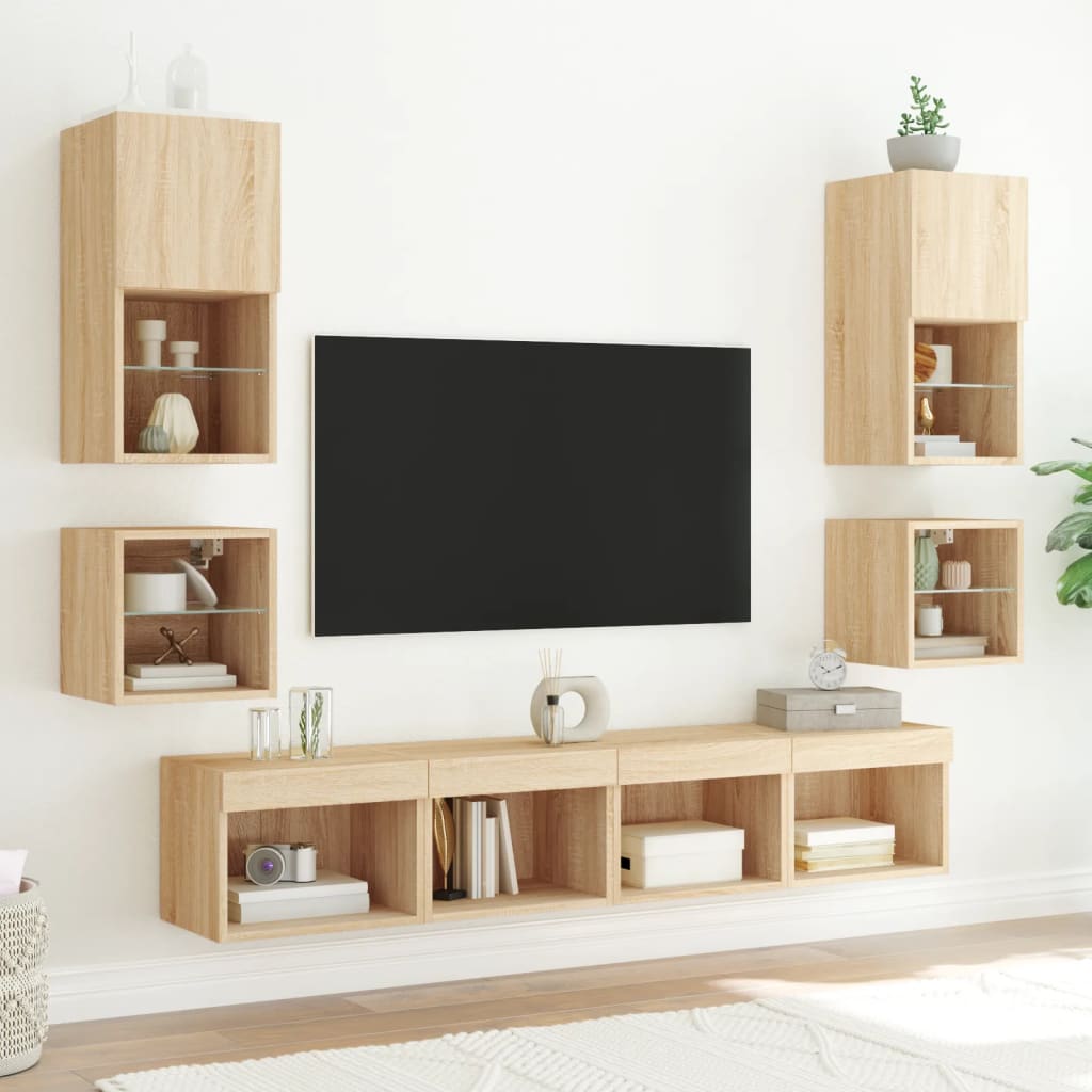 vidaXL Comodă TV de perete cu lumini LED, stejar sonoma 30x28,5x30 cm vidaXL Comodă TV de perete cu lumini LED, stejar sonoma 30x28,5x30 cm
