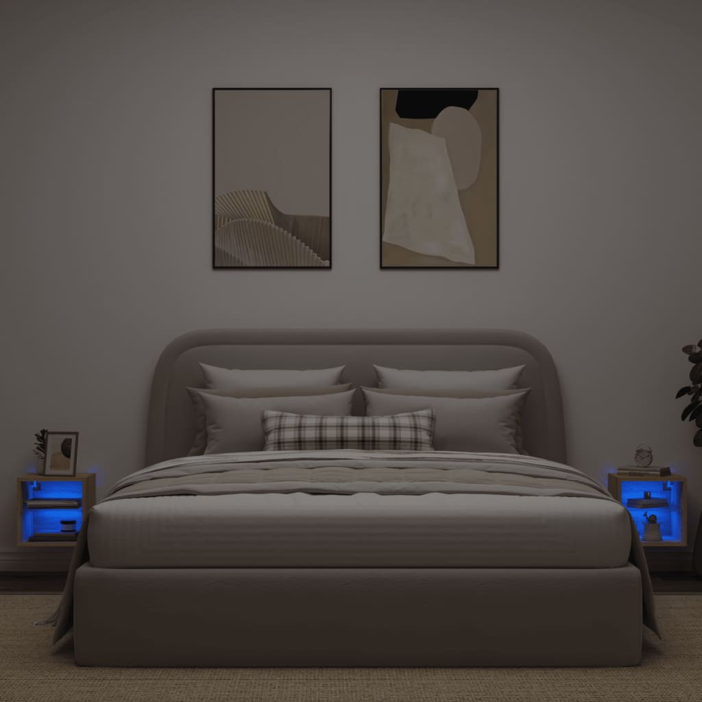vidaXL Comode TV de perete cu lumini LED 2 buc. stejar 30x28,5x30 cm