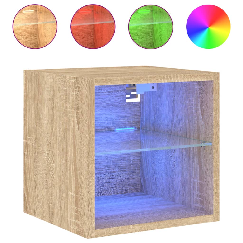 vidaXL Comode TV de perete cu lumini LED 2 buc. stejar 30x28,5x30 cm