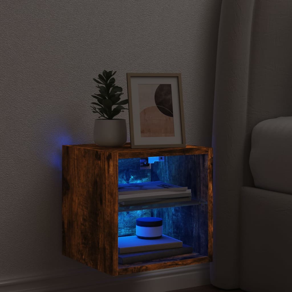 vidaXL Comodă TV de perete cu lumini LED, stejar fumuriu 30x28,5x30 cm vidaXL Comodă TV de perete cu lumini LED, stejar fumuriu 30x28,5x30 cm