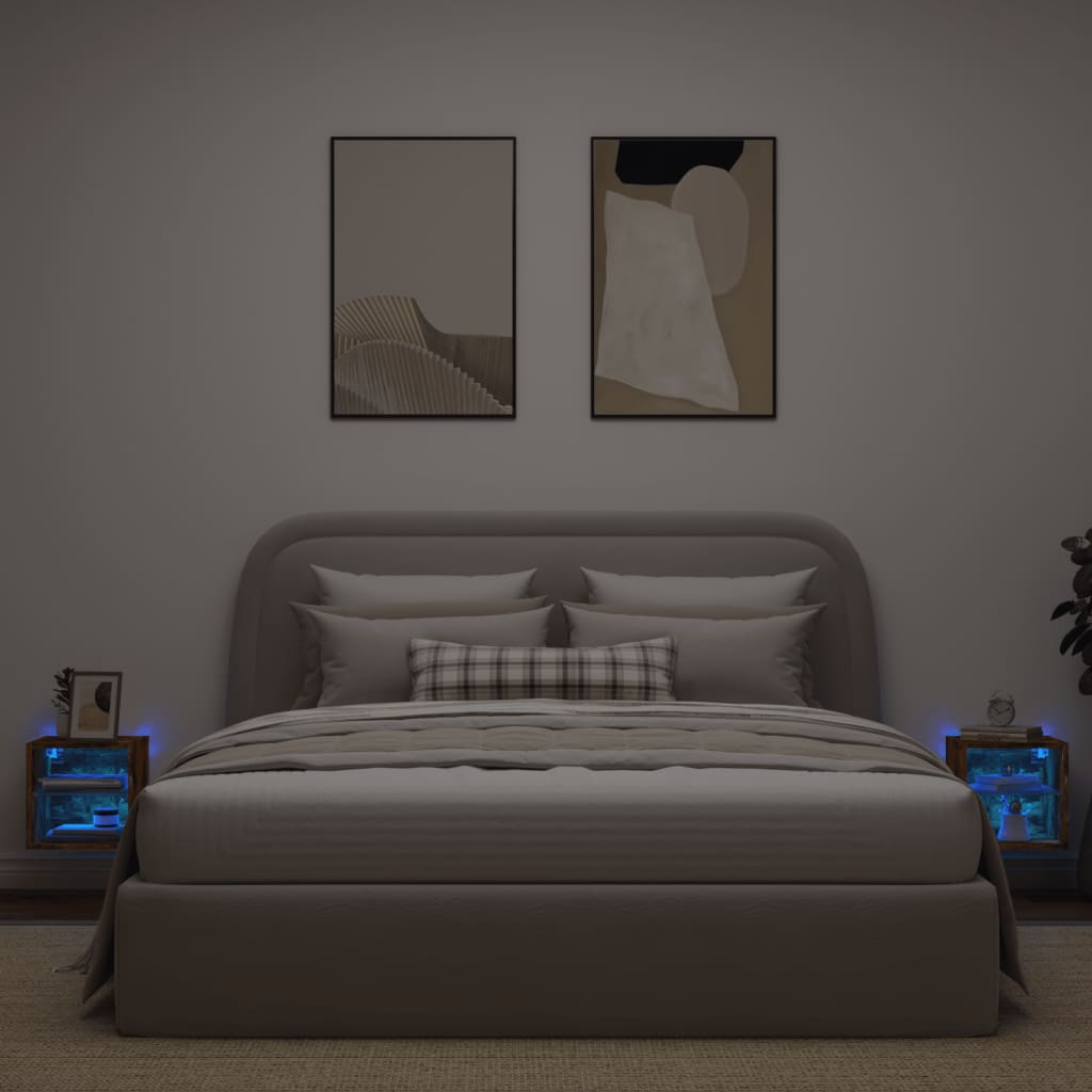 vidaXL Comode TV cu lumini LED, 2 buc., stejar fumuriu, 30x28,5x30 cm