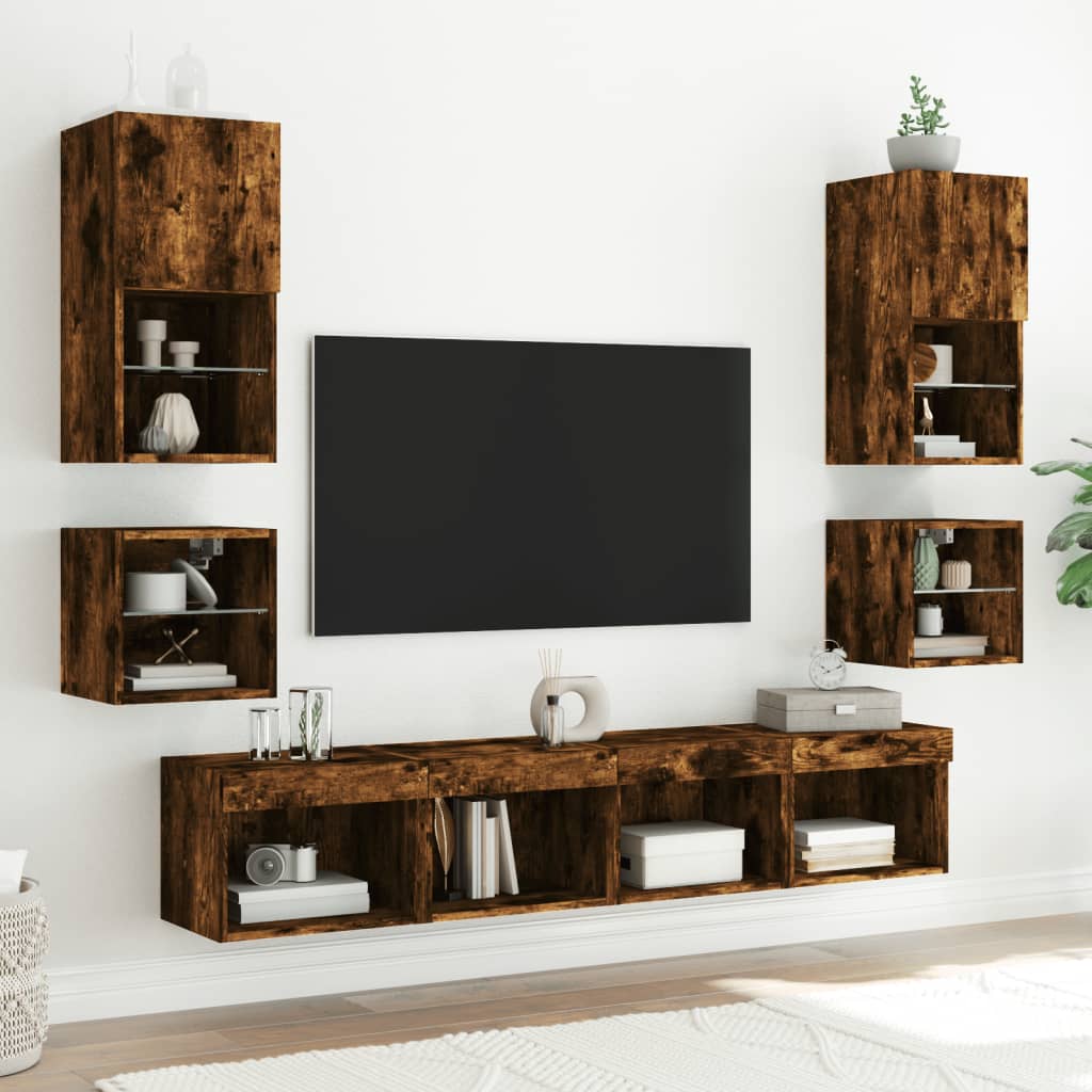 vidaXL Comode TV cu lumini LED, 2 buc., stejar fumuriu, 30x28,5x30 cm