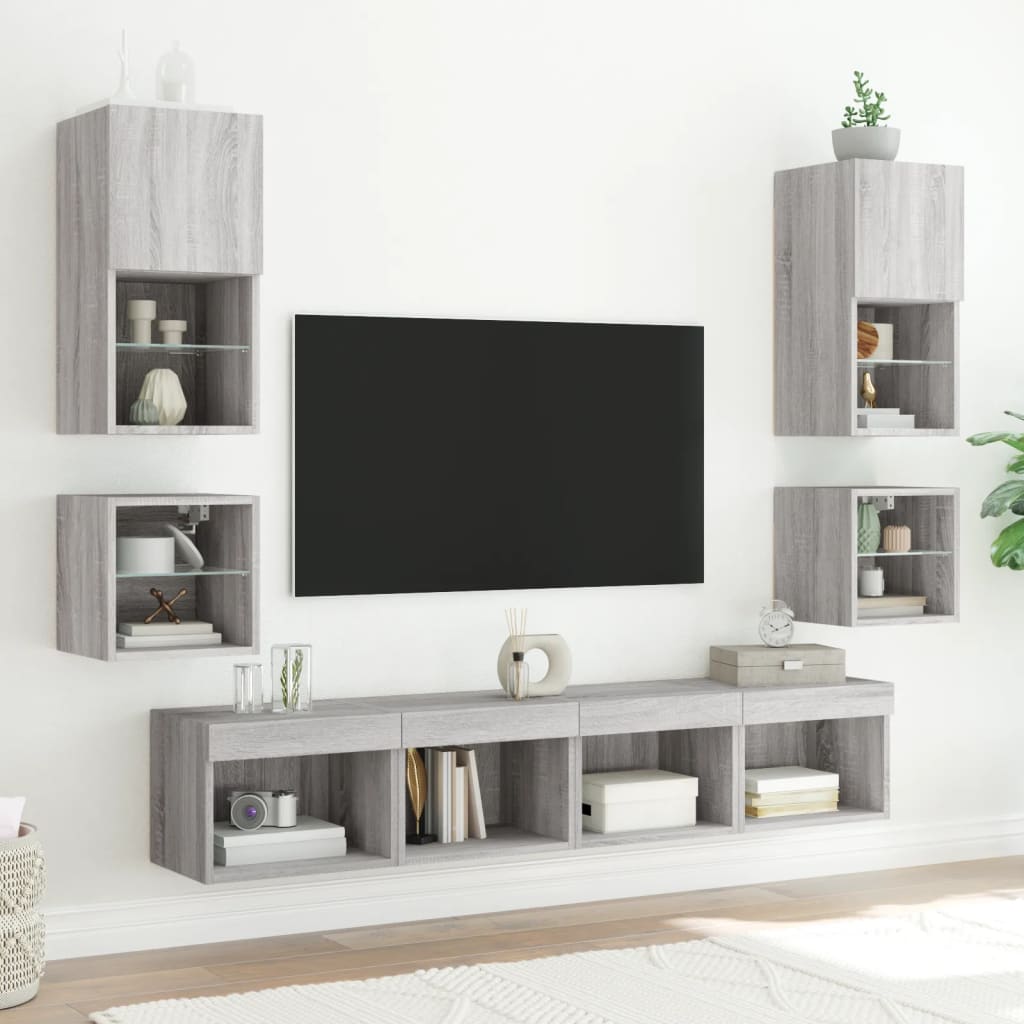 vidaXL Comodă TV de perete cu lumini LED, gri sonoma 30x28,5x30 cm vidaXL Comodă TV de perete cu lumini LED, gri sonoma 30x28,5x30 cm
