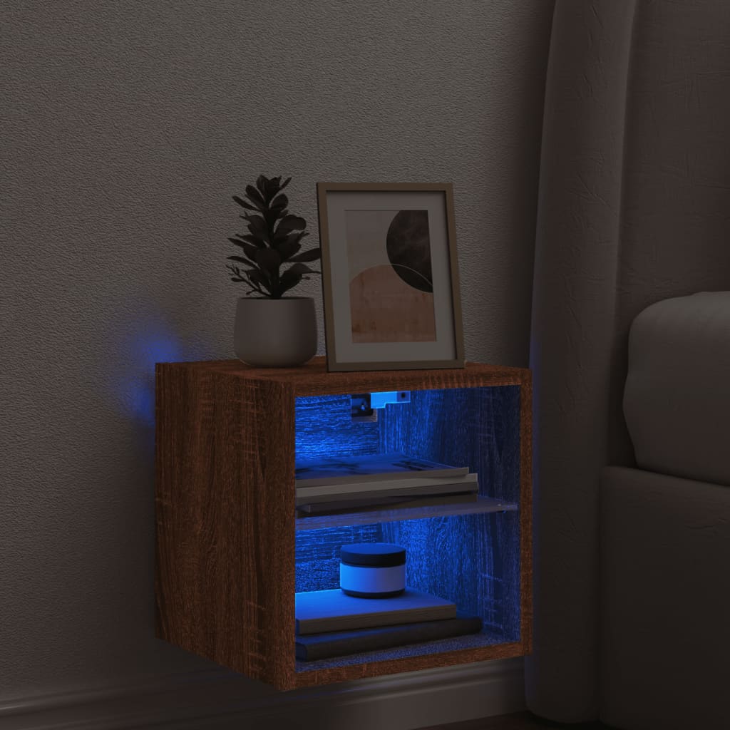 vidaXL Comodă TV de perete cu lumini LED, stejar maro 30x28,5x30 cm