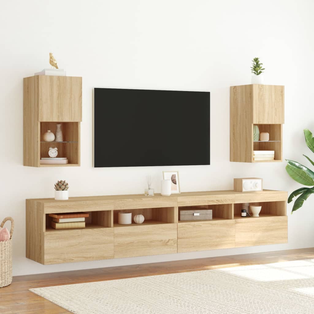 vidaXL Comode TV cu lumini LED, 2 buc., stejar sonoma, 30,5x30x60 cm