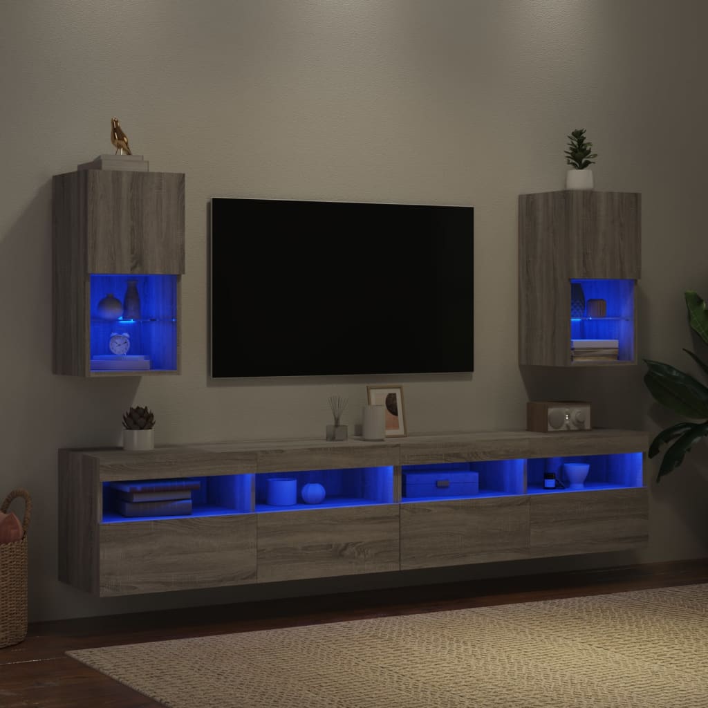 vidaXL Comode TV cu lumini LED, 2 buc., gri sonoma, 30,5x30x60 cm