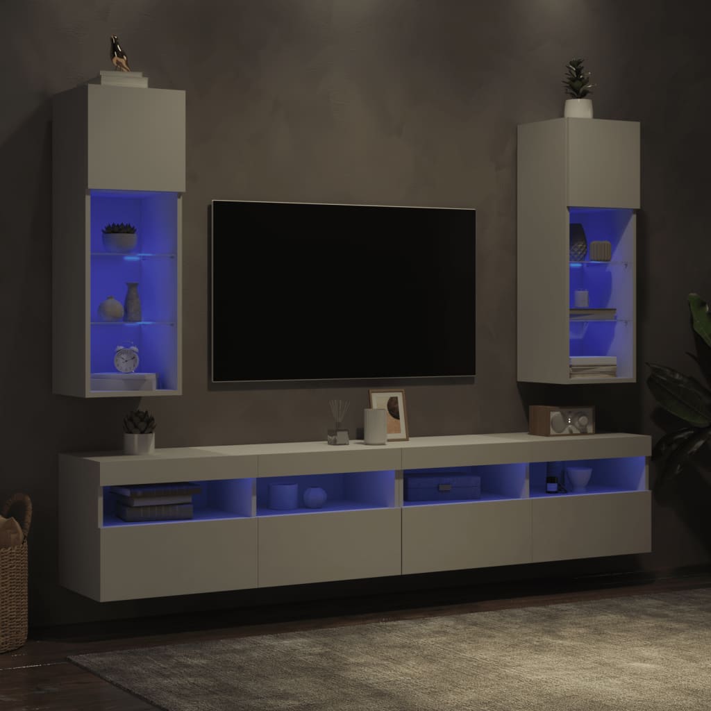 vidaXL Comode TV cu lumini LED, 2 buc., alb, 30,5x30x90 cm
