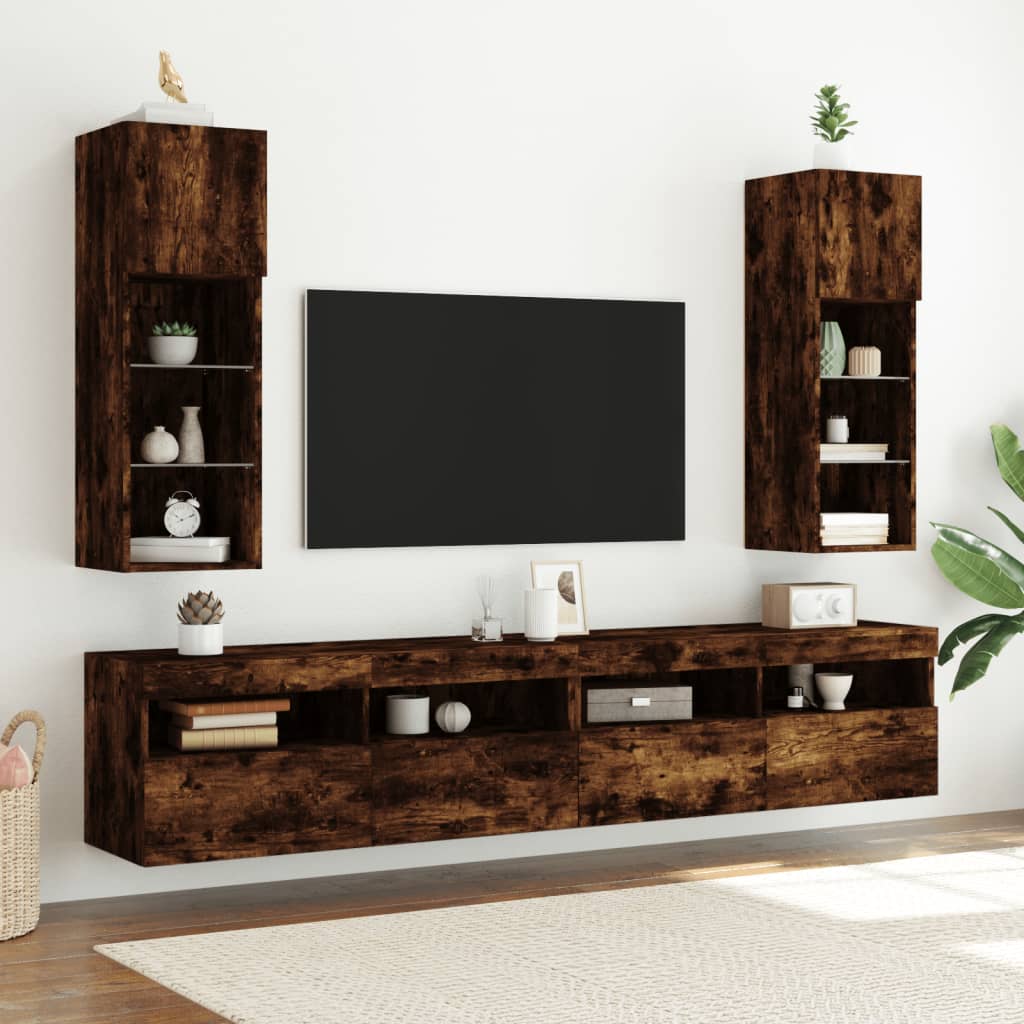vidaXL Comodă TV cu lumini LED, stejar fumuriu, 30,5x30x90 cm vidaXL Comodă TV cu lumini LED, stejar fumuriu, 30,5x30x90 cm