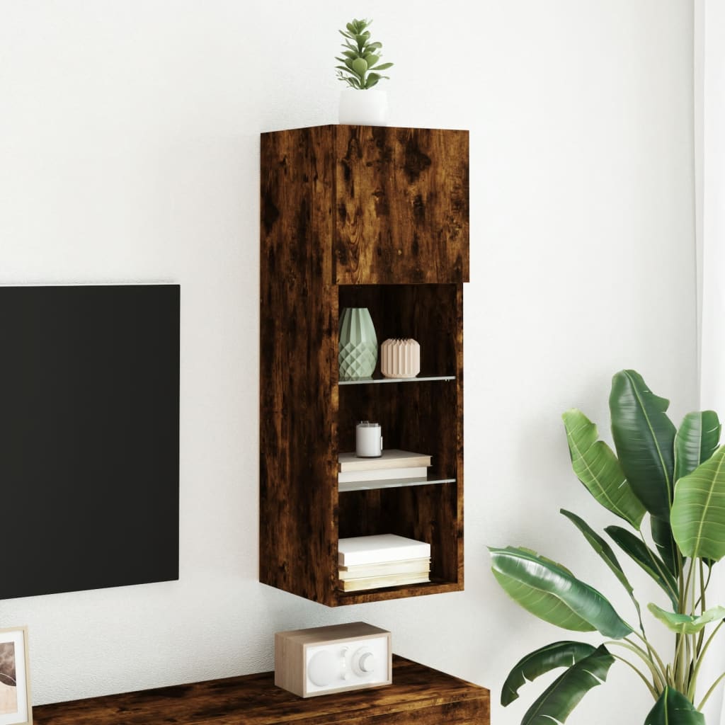 vidaXL Comodă TV cu lumini LED, stejar fumuriu, 30,5x30x90 cm vidaXL Comodă TV cu lumini LED, stejar fumuriu, 30,5x30x90 cm