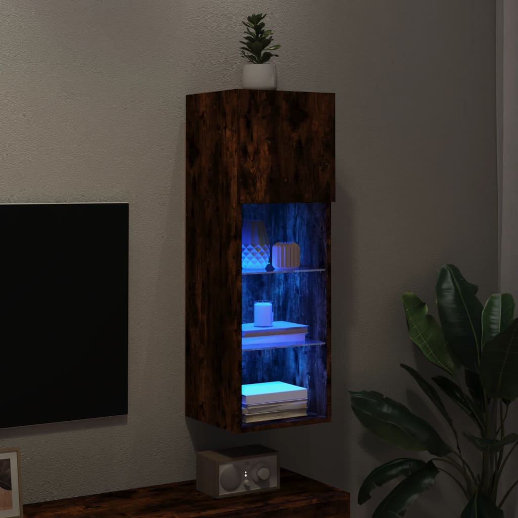 vidaXL Comodă TV cu lumini LED, stejar fumuriu, 30,5x30x90 cm vidaXL Comodă TV cu lumini LED, stejar fumuriu, 30,5x30x90 cm
