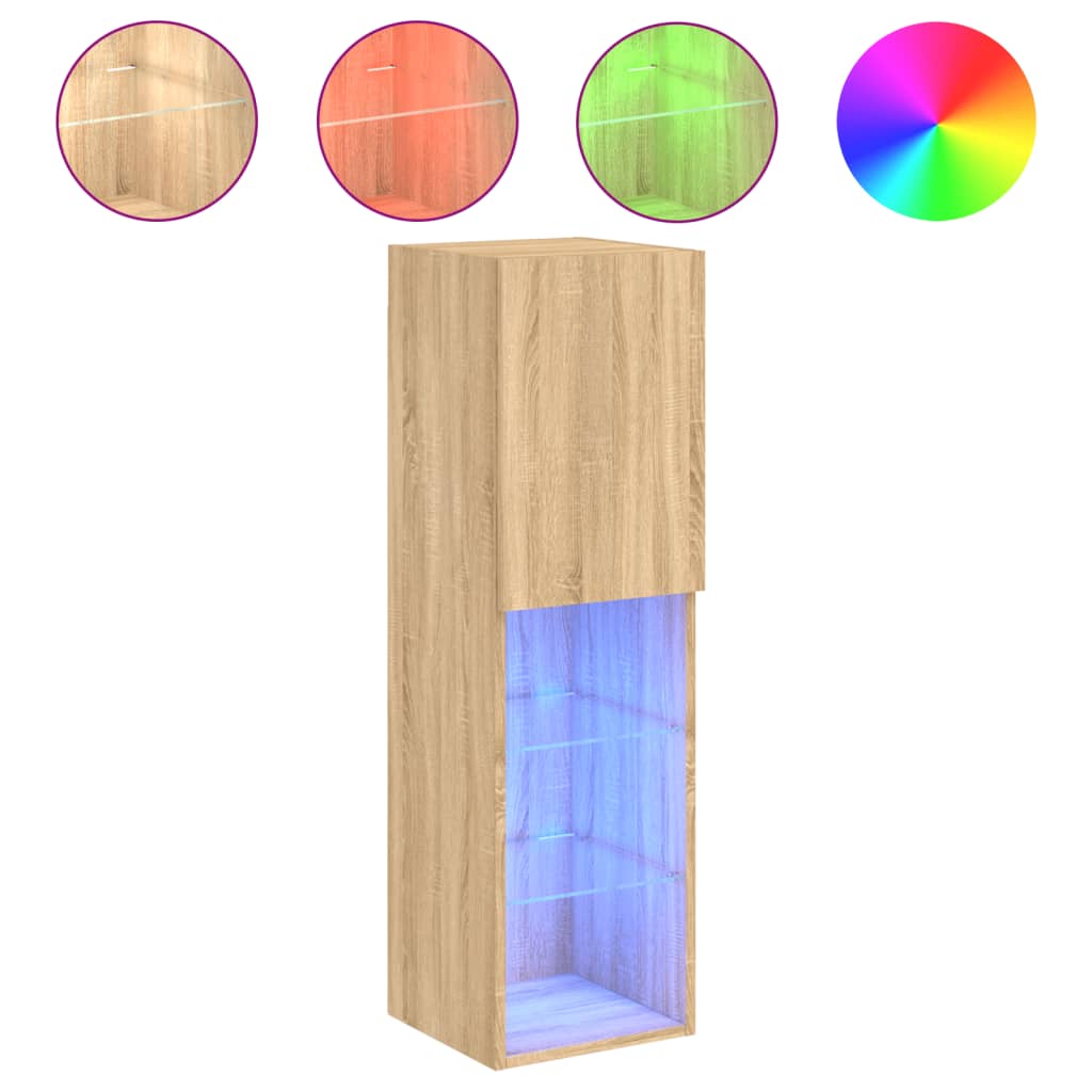 vidaXL Comode TV cu lumini LED, 2 buc., stejar sonoma, 30,5x30x102 cm