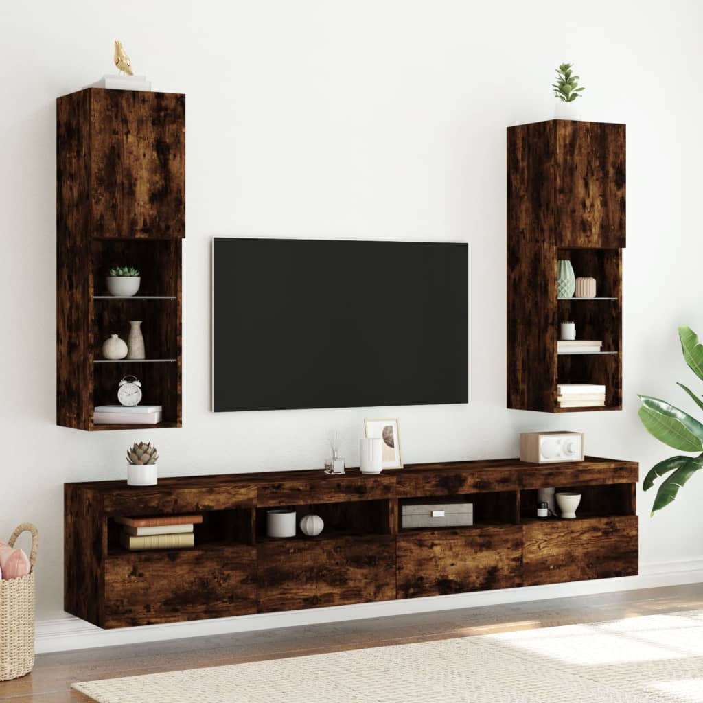 vidaXL Comodă TV cu lumini LED, stejar fumuriu, 30,5x30x102 cm vidaXL Comodă TV cu lumini LED, stejar fumuriu, 30,5x30x102 cm