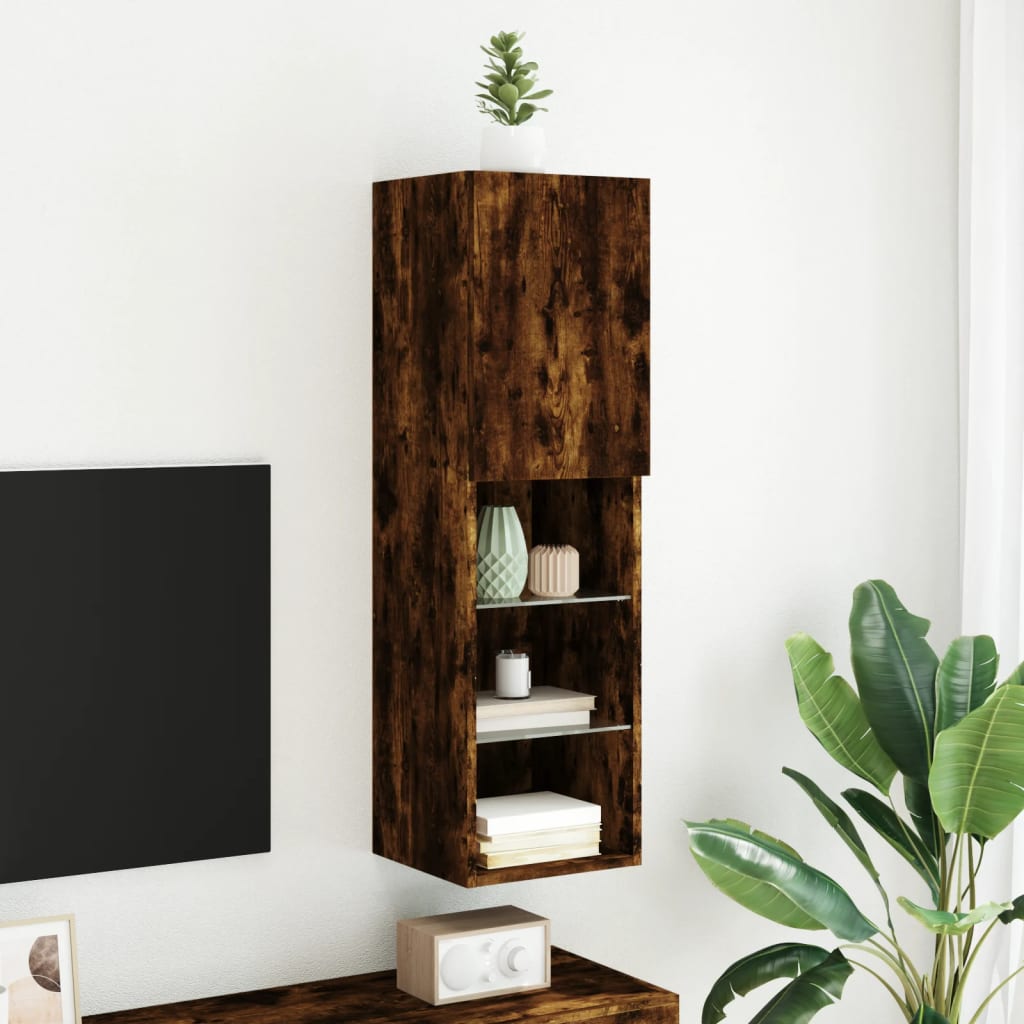 vidaXL Comodă TV cu lumini LED, stejar fumuriu, 30,5x30x102 cm vidaXL Comodă TV cu lumini LED, stejar fumuriu, 30,5x30x102 cm