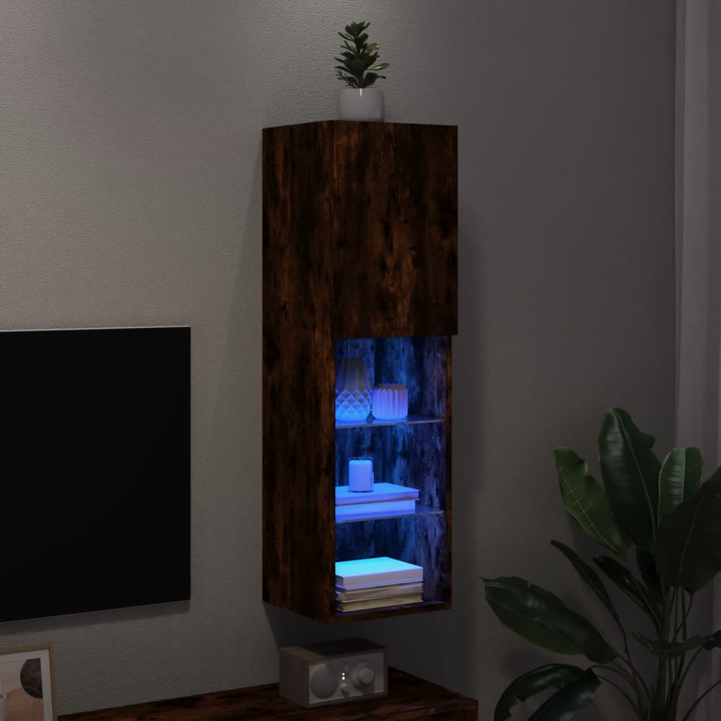 vidaXL Comodă TV cu lumini LED, stejar fumuriu, 30,5x30x102 cm vidaXL Comodă TV cu lumini LED, stejar fumuriu, 30,5x30x102 cm