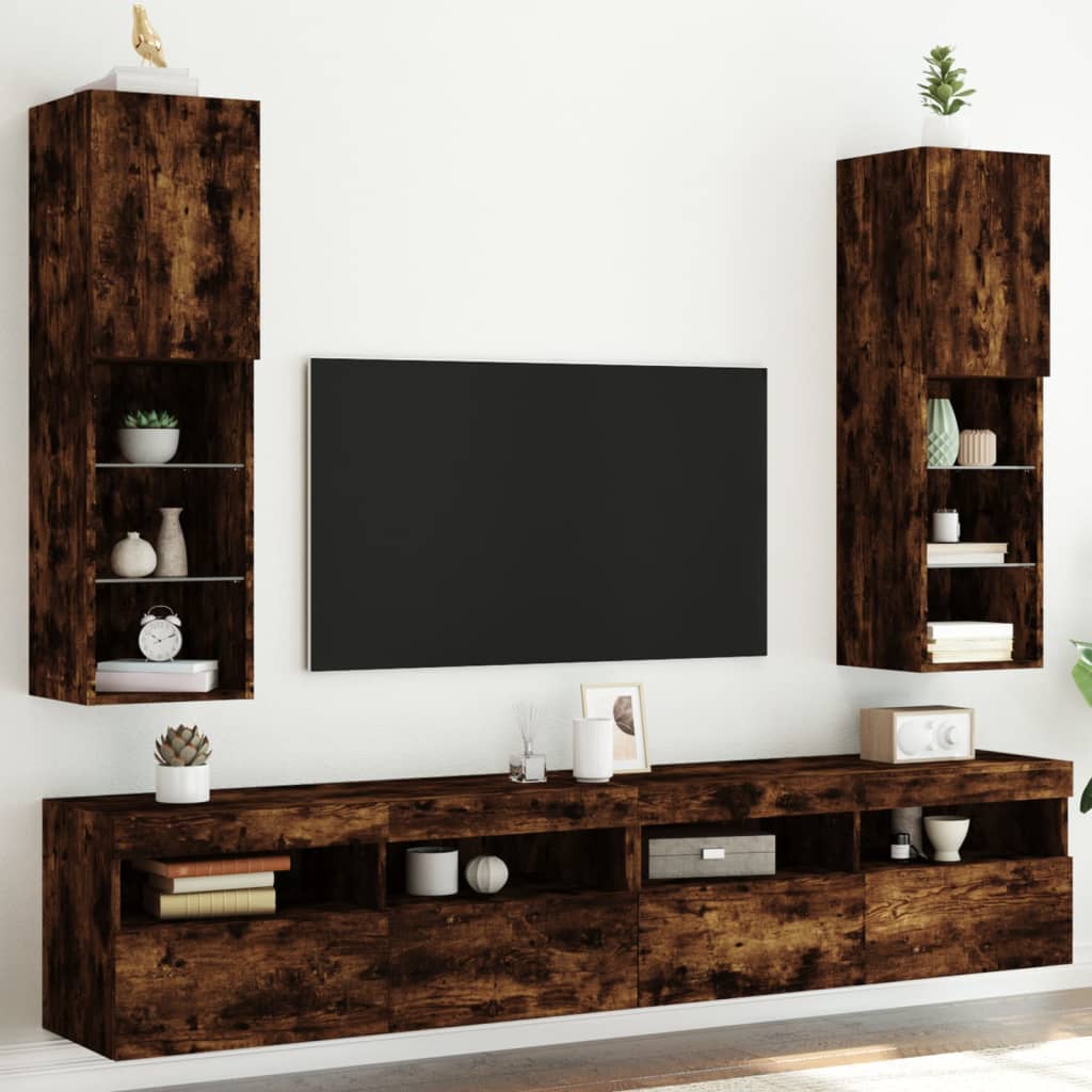 vidaXL Comode TV cu lumini LED, 2 buc., stejar fumuriu, 30,5x30x102 cm