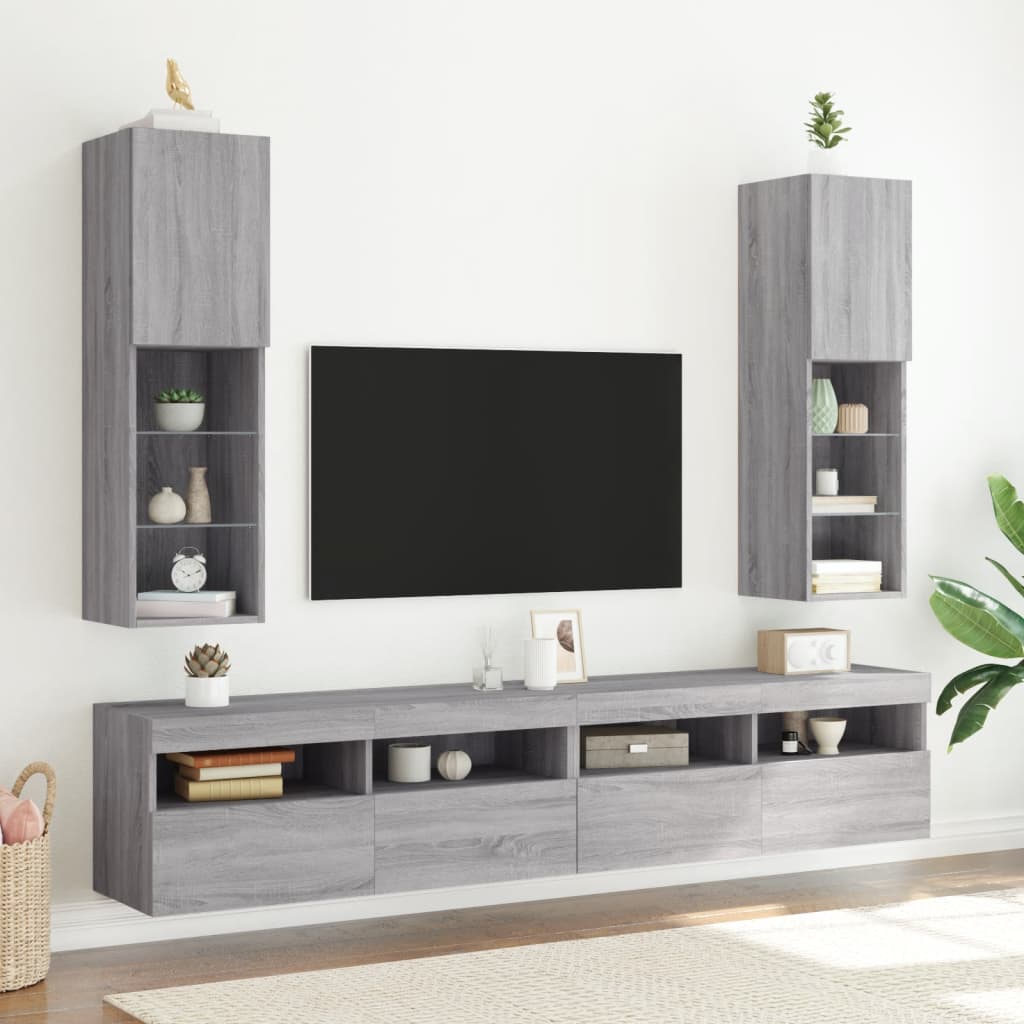 vidaXL Comodă TV cu lumini LED, gri sonoma, 30,5x30x102 cm vidaXL Comodă TV cu lumini LED, gri sonoma, 30,5x30x102 cm
