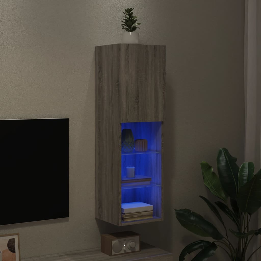 vidaXL Comodă TV cu lumini LED, gri sonoma, 30,5x30x102 cm vidaXL Comodă TV cu lumini LED, gri sonoma, 30,5x30x102 cm