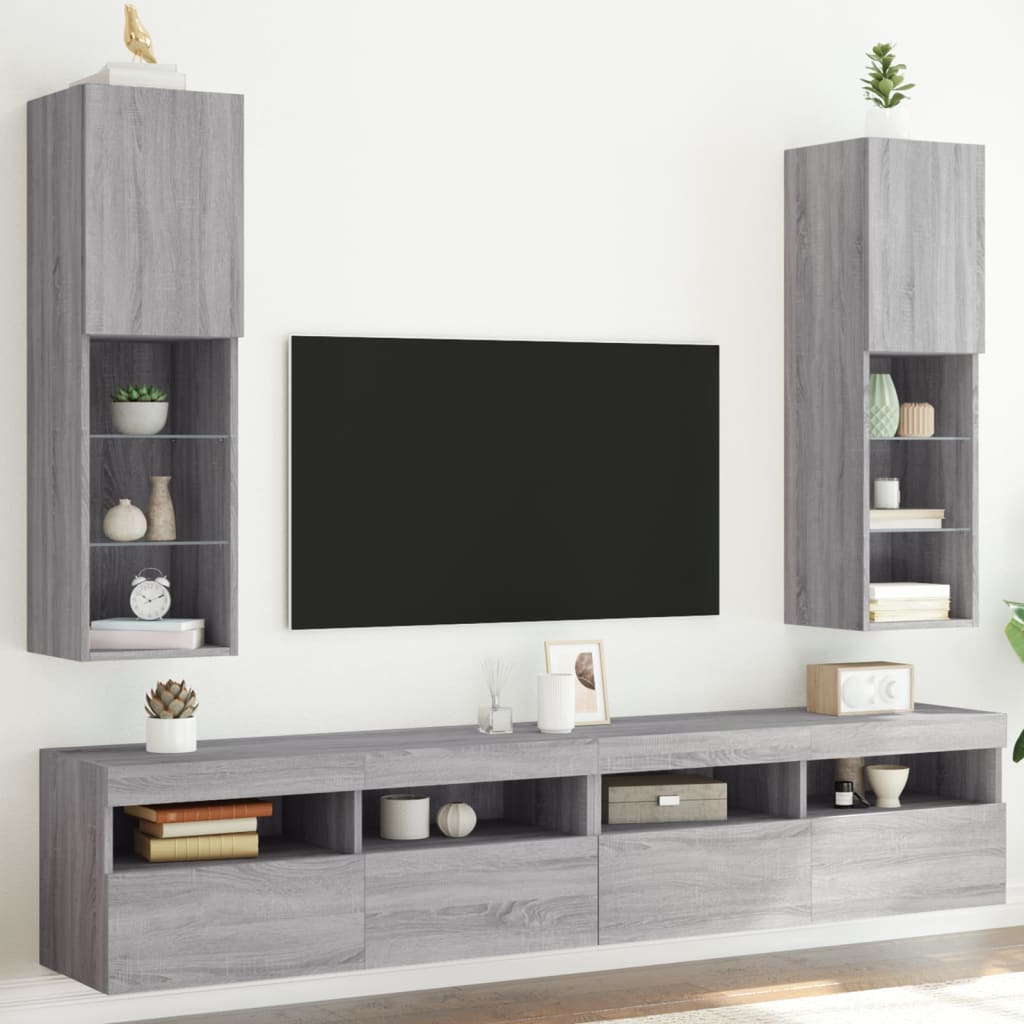 vidaXL Comode TV cu lumini LED, 2 buc., gri sonoma, 30,5x30x102 cm