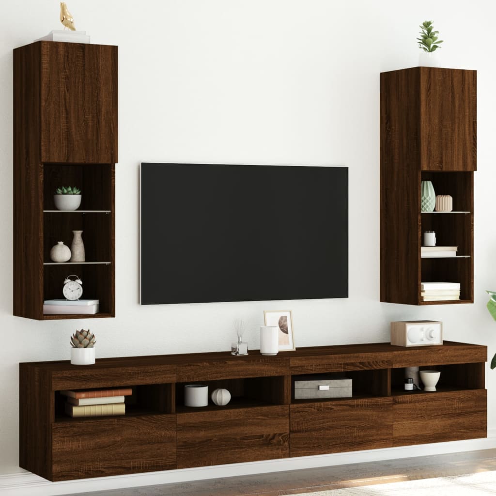 vidaXL Comode TV cu lumini LED, 2 buc., stejar maro, 30,5x30x102 cm