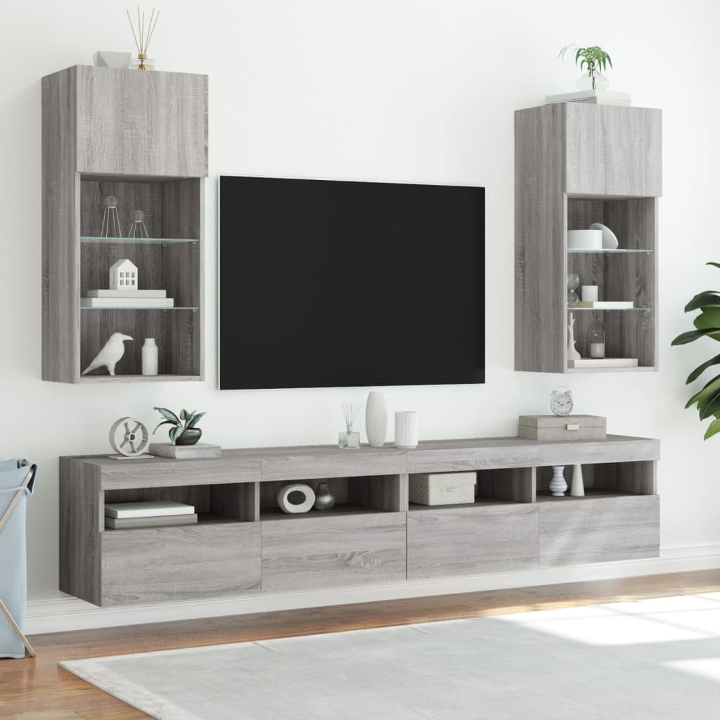 vidaXL Comodă TV cu lumini LED, gri sonoma, 40,5x30x90 cm vidaXL Comodă TV cu lumini LED, gri sonoma, 40,5x30x90 cm