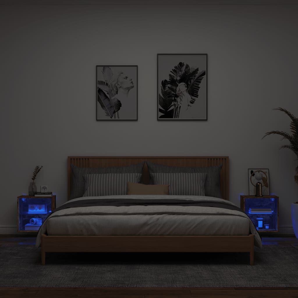 vidaXL Noptieră cu lumini LED montată pe perete, stejar fumuriu