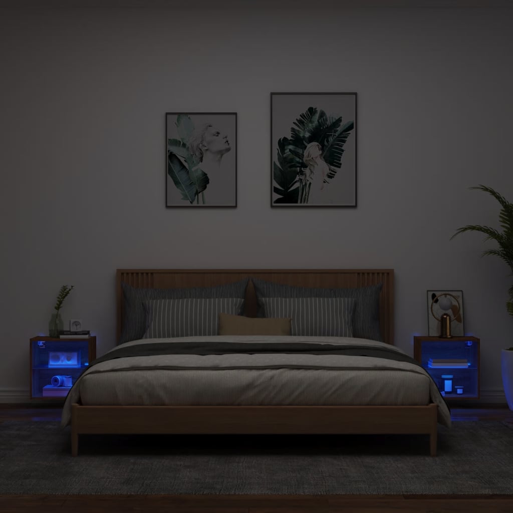 vidaXL Noptiere cu lumini LED montate pe perete 2 buc. stejar maro vidaXL Noptiere cu lumini LED montate pe perete 2 buc. stejar maro