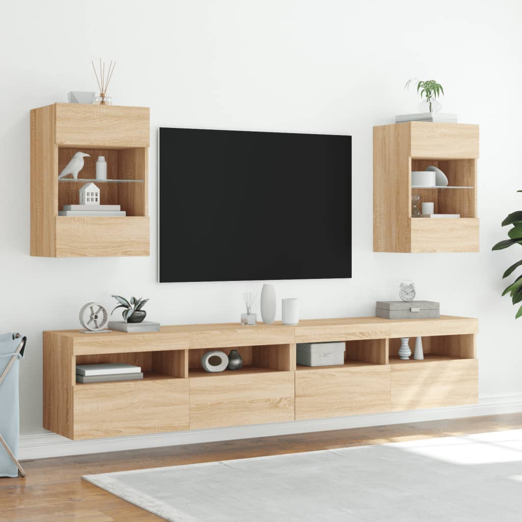 vidaXL Comodă TV de perete cu lumini LED, stejar sonoma, 40x30x60,5 cm