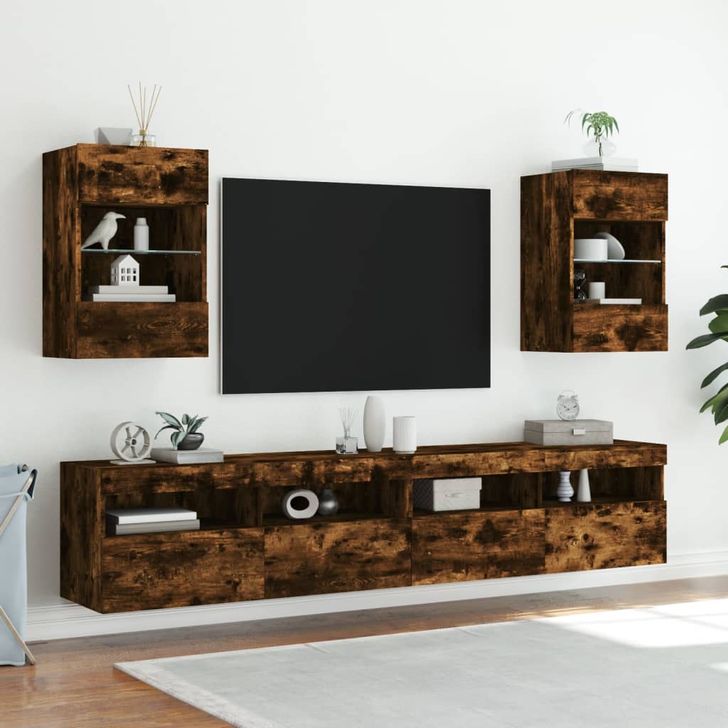 vidaXL Comodă TV de perete cu lumini LED, stejar fumuriu, 40x30x60,5cm