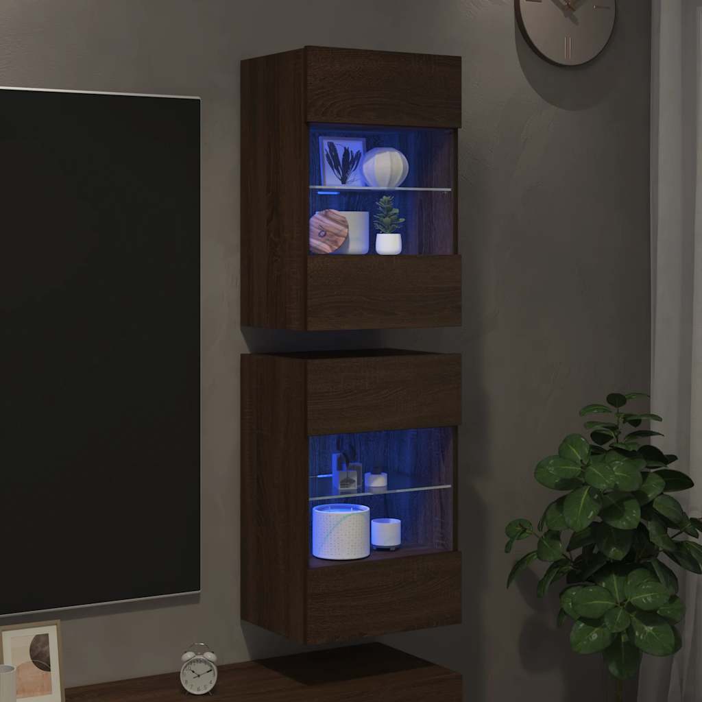 vidaXL Comode de perete cu lumini LED pentru TV, 2 buc. stejar maro, 40x30x60,5cm
