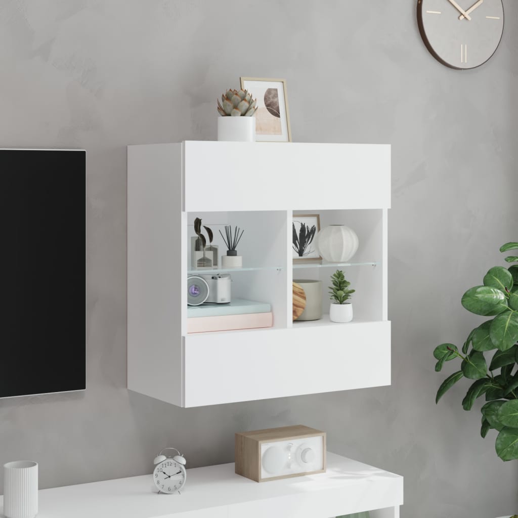 vidaXL Comodă TV de perete cu lumini LED, alb, 58,5x30x60,5 cm vidaXL Comodă TV de perete cu lumini LED, alb, 58,5x30x60,5 cm