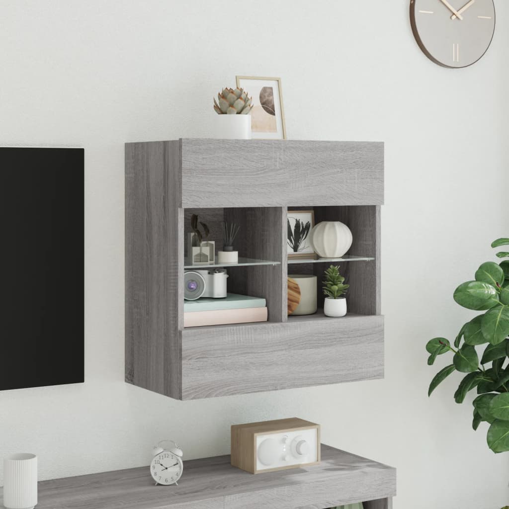 vidaXL Comodă TV de perete cu lumini LED, gri sonoma, 58,5x30x60,5 cm vidaXL Comodă TV de perete cu lumini LED, gri sonoma, 58,5x30x60,5 cm