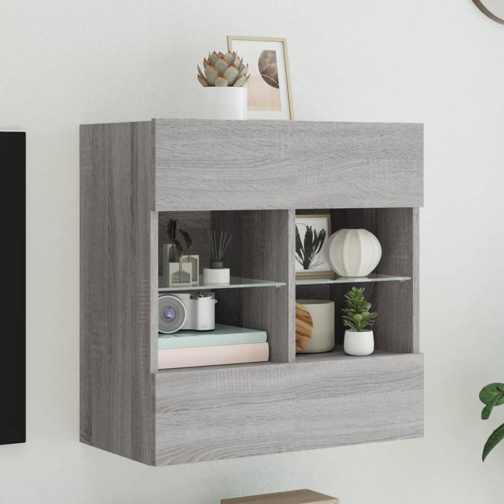 vidaXL Comodă TV de perete cu lumini LED, gri sonoma, 58,5x30x60,5 cm vidaXL Comodă TV de perete cu lumini LED, gri sonoma, 58,5x30x60,5 cm