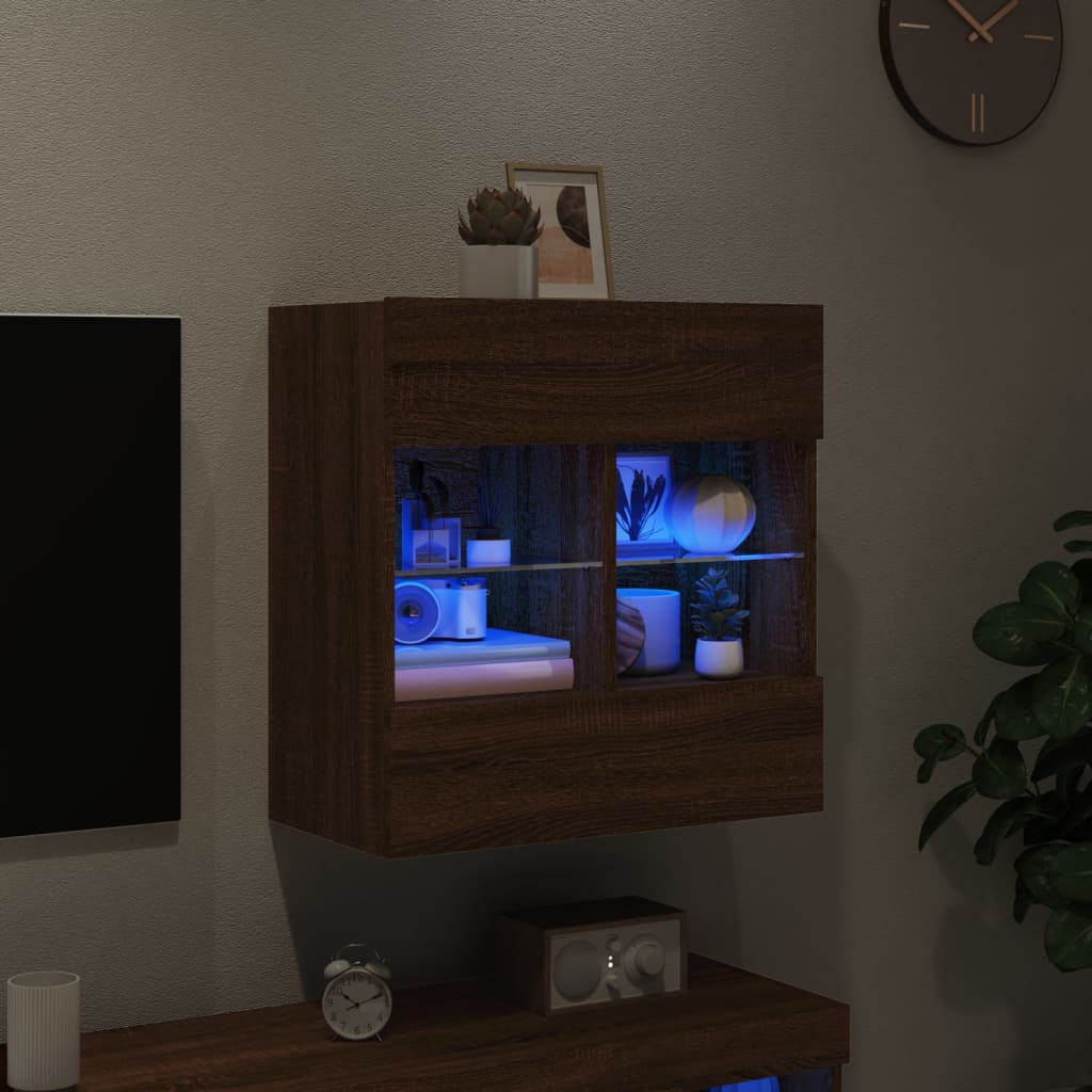 vidaXL Comodă TV de perete cu lumini LED, stejar maro, 58,5x30x60,5 cm vidaXL Comodă TV de perete cu lumini LED, stejar maro, 58,5x30x60,5 cm