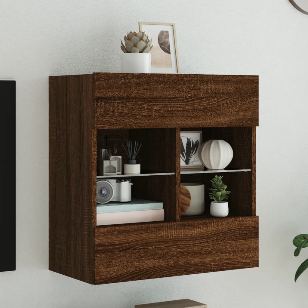 vidaXL Comodă TV de perete cu lumini LED, stejar maro, 58,5x30x60,5 cm vidaXL Comodă TV de perete cu lumini LED, stejar maro, 58,5x30x60,5 cm