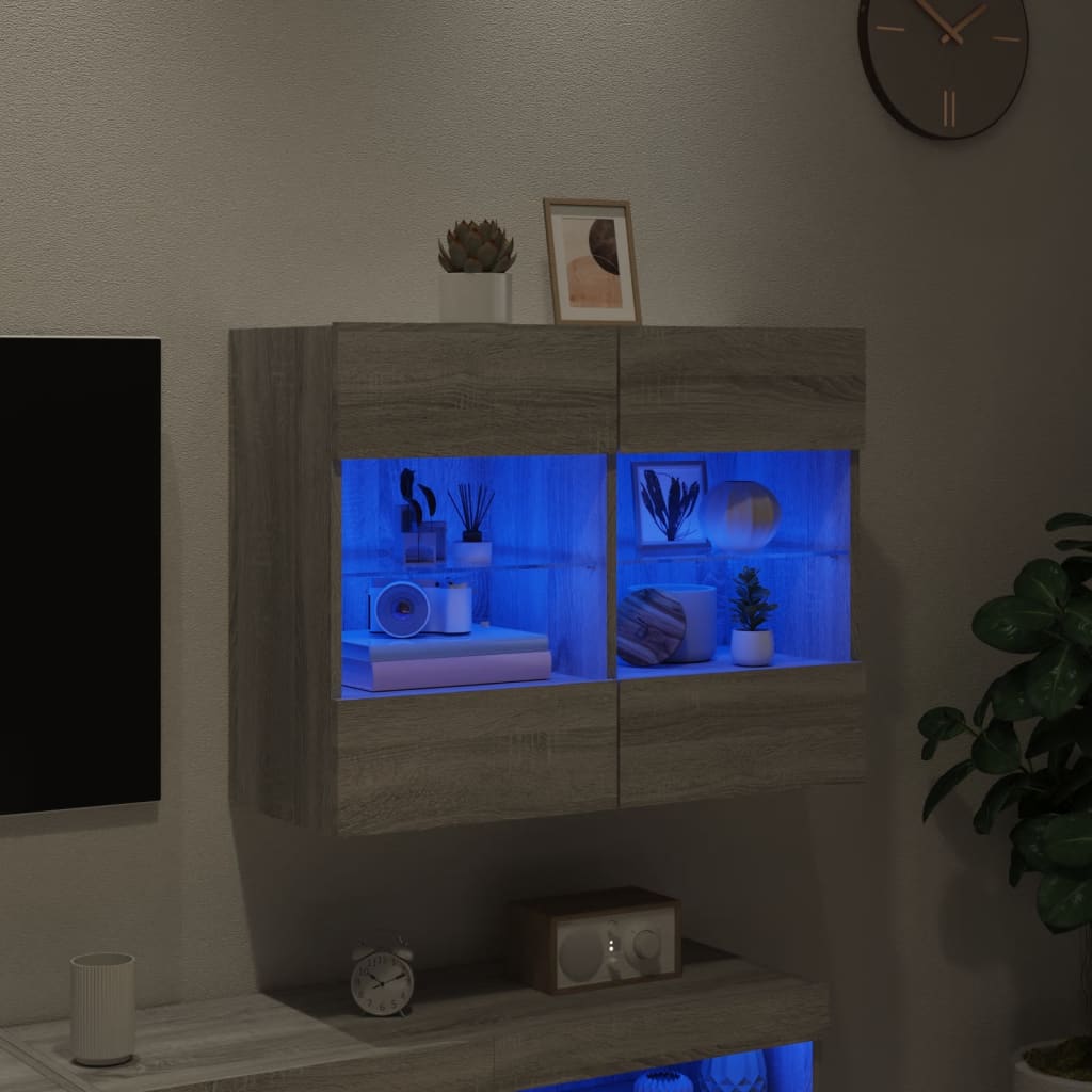 vidaXL Comodă TV de perete cu lumini LED, gri sonoma, 78,5x30x60,5 cm vidaXL Comodă TV de perete cu lumini LED, gri sonoma, 78,5x30x60,5 cm