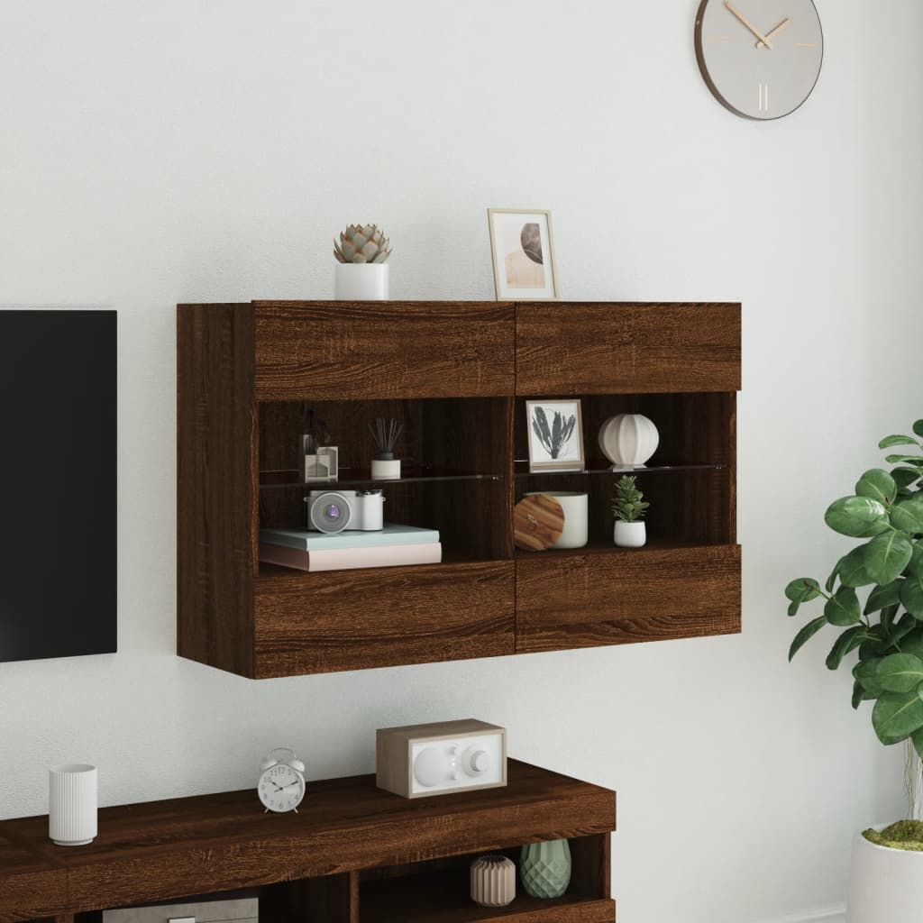 vidaXL Comodă TV de perete cu lumini LED, stejar maro, 98,5x30x60,5 cm vidaXL Comodă TV de perete cu lumini LED, stejar maro, 98,5x30x60,5 cm
