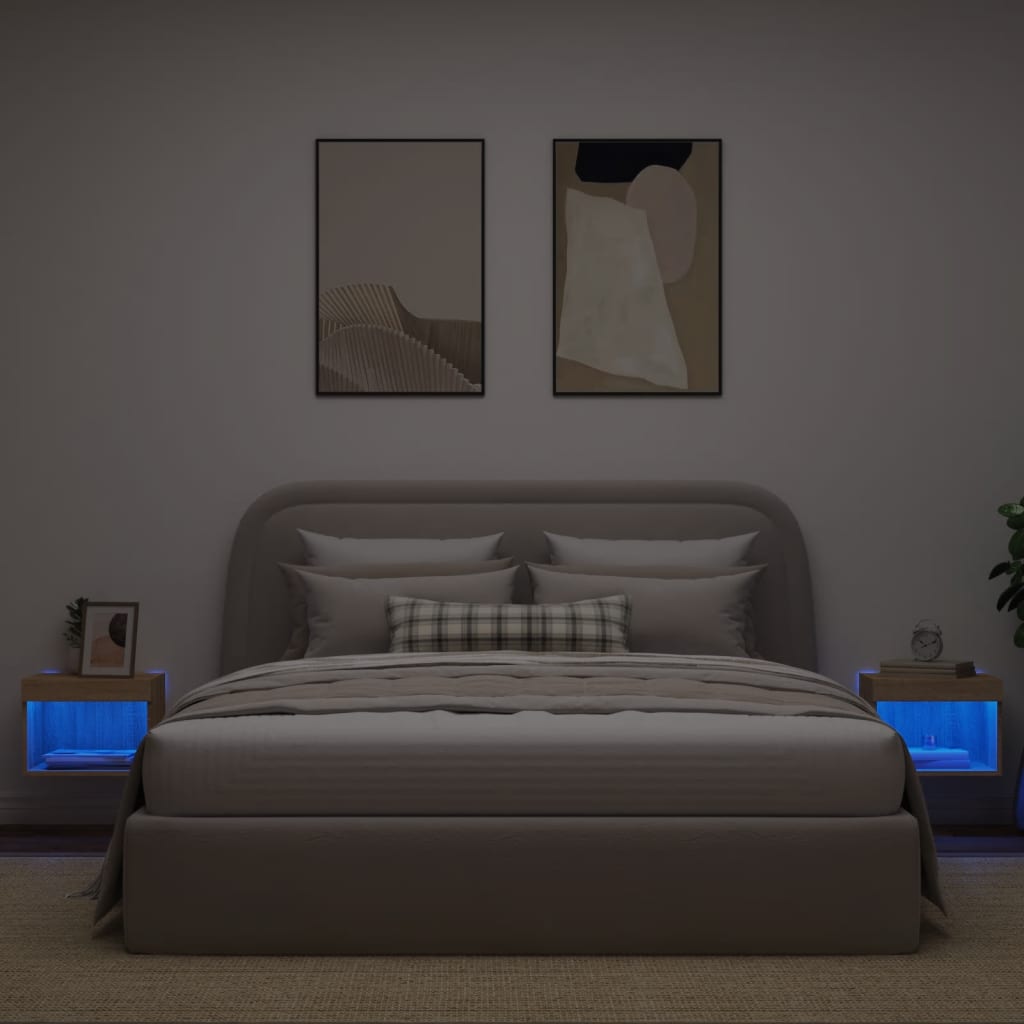 vidaXL Noptiere cu lumini LED montate pe perete, 2 buc., stejar sonoma vidaXL Noptiere cu lumini LED montate pe perete, 2 buc., stejar sonoma