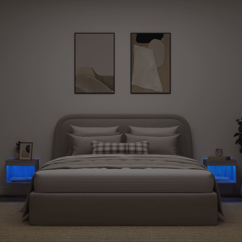 vidaXL Noptiere cu lumini LED montate pe perete, 2 buc., gri sonoma vidaXL Noptiere cu lumini LED montate pe perete, 2 buc., gri sonoma