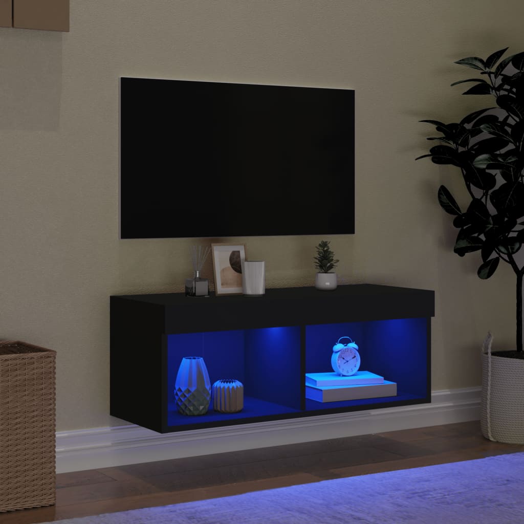 vidaXL Comodă TV cu lumini LED, negru, 80x30x30 cm