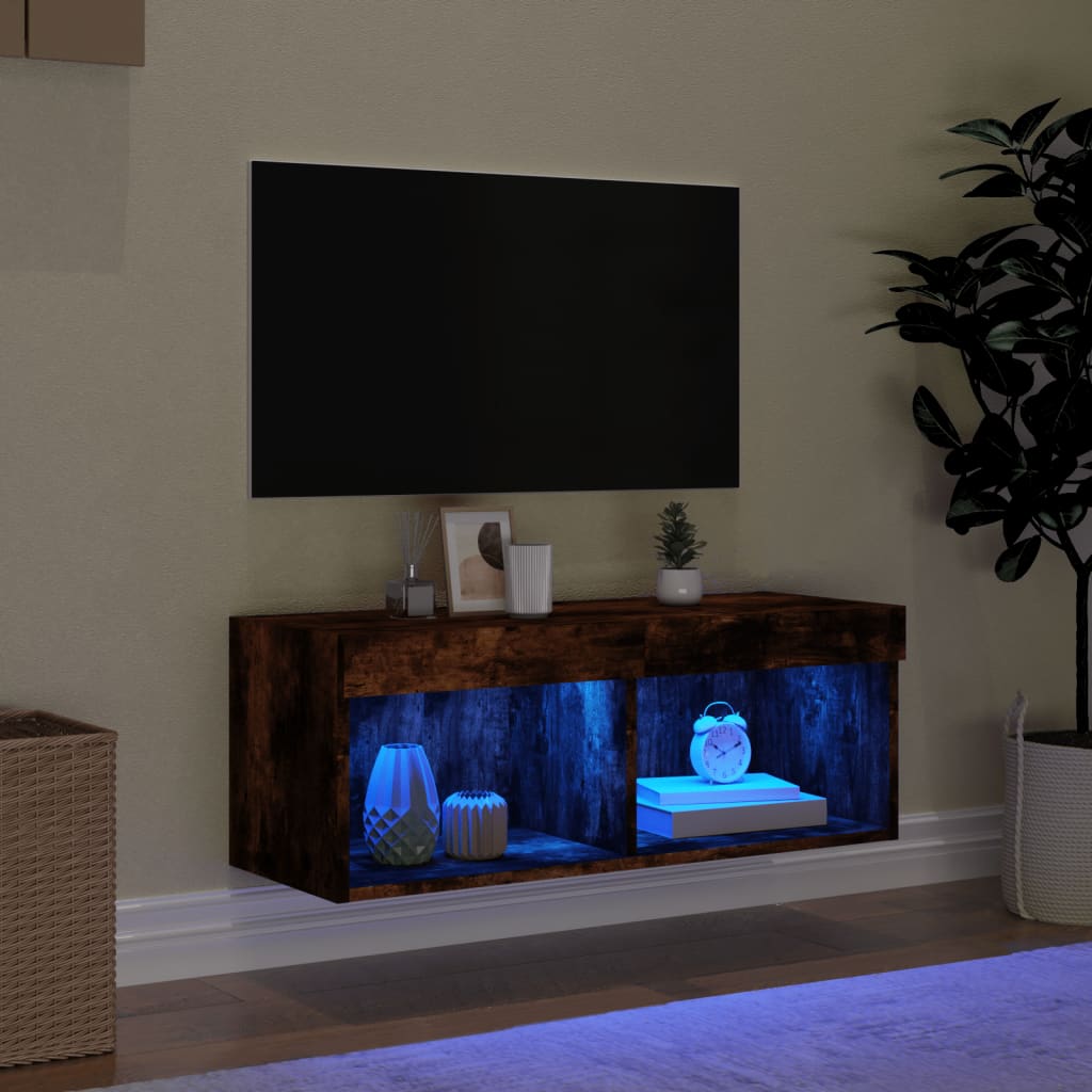 vidaXL Comodă TV cu lumini LED, stejar fumuriu, 80x30x30 cm